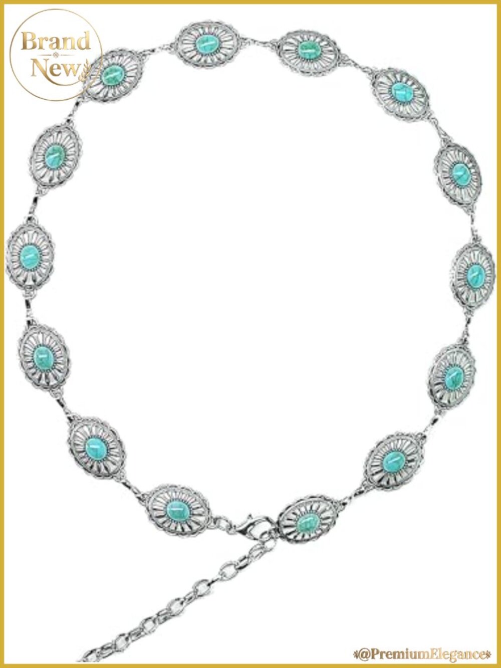 Concho Chain Belt Turquoise Bead Silver Metal Western Cowgirl Waist Belt